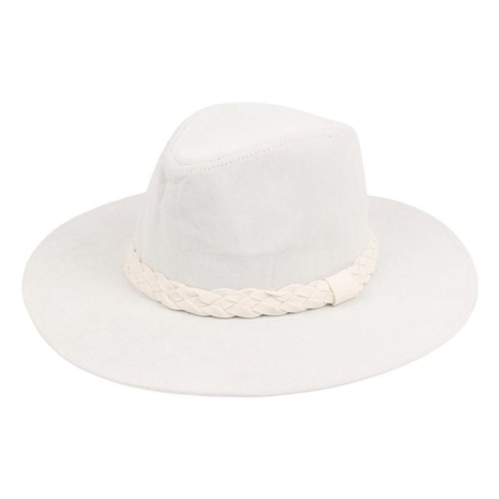 IVORY FASHION BRIM HAT WITH BRAIDED TIE